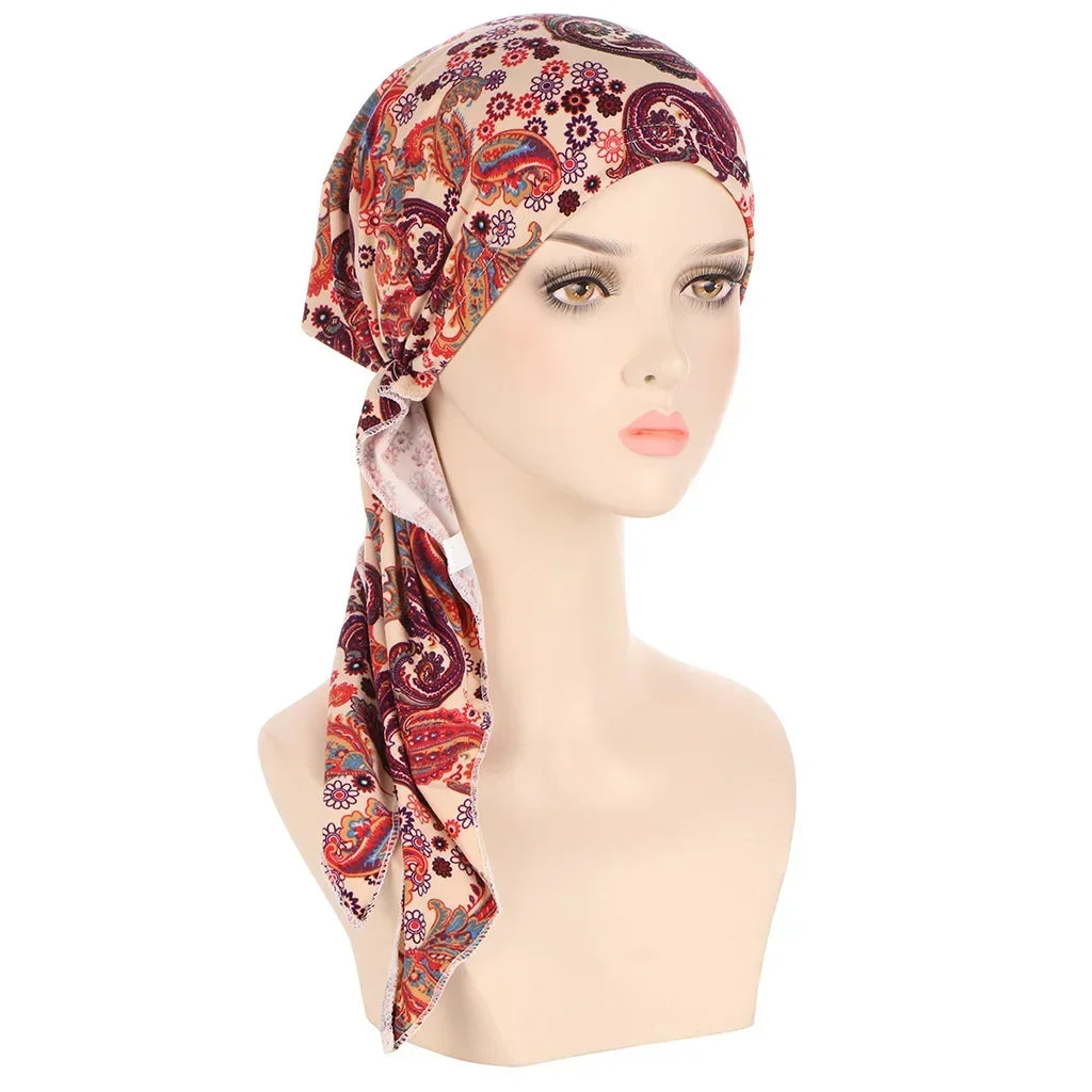Women's Floral Turban Hijab Stretch Pre-Tied Head Wrap Cap Turban Head Wrap Richie's Beige
