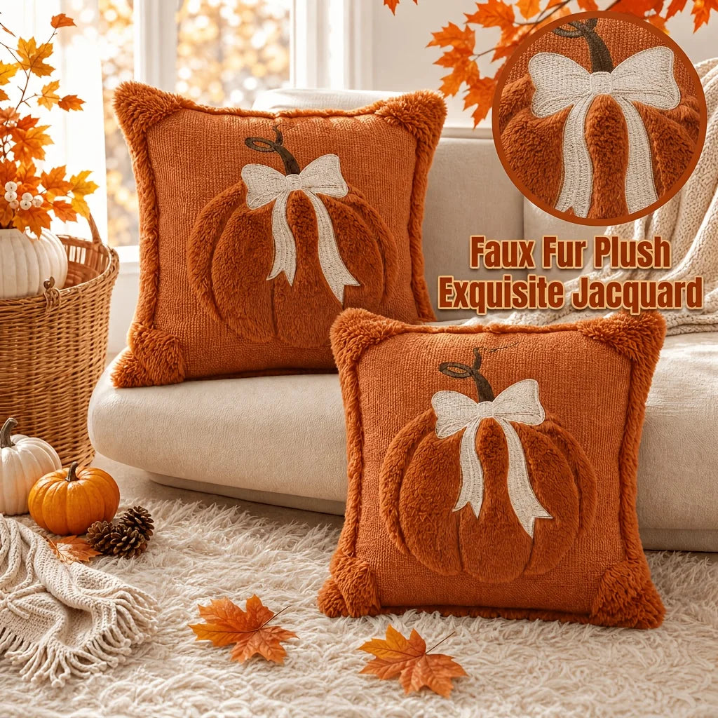 2pc Jacquard Pumpkin Bow Pillow Covers | Fall & Thanksgiving Décor Throw Pillow Covers Richie's