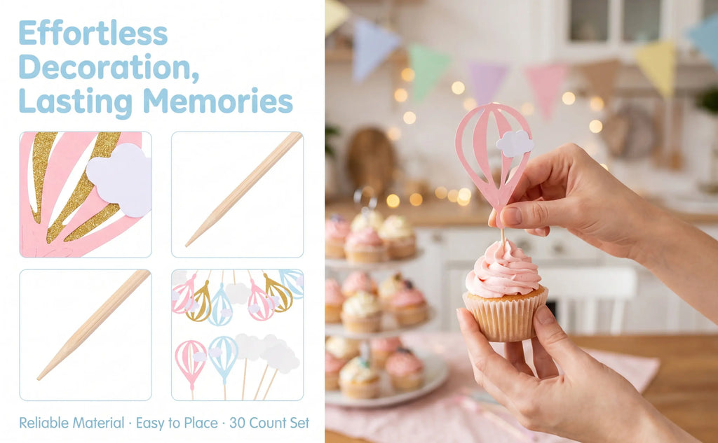 30Pcs Hot Air Balloon Cake Toppers & Cloud Cupcake Picks Cake Topper Set Richie's