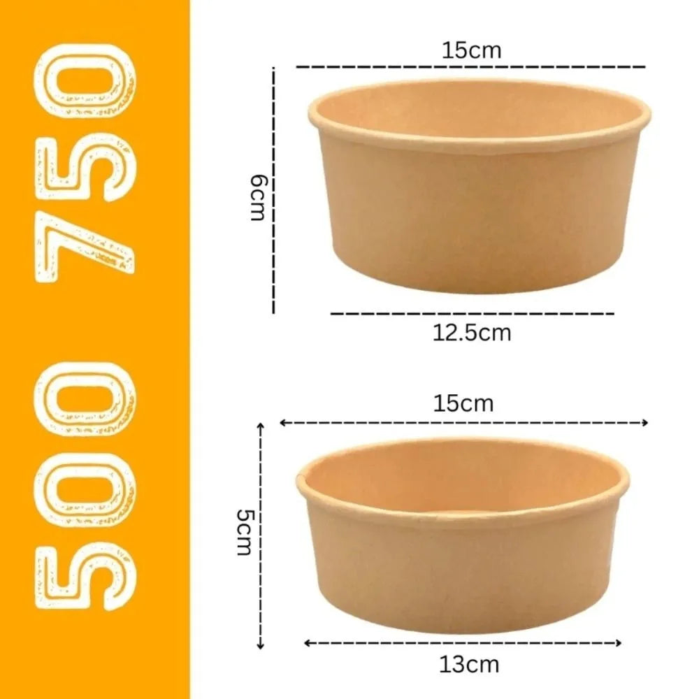 50pcs Kraft Paper Salad Bowls with Lids 500/750ml Disposable Disposable Food Bowls Richie's