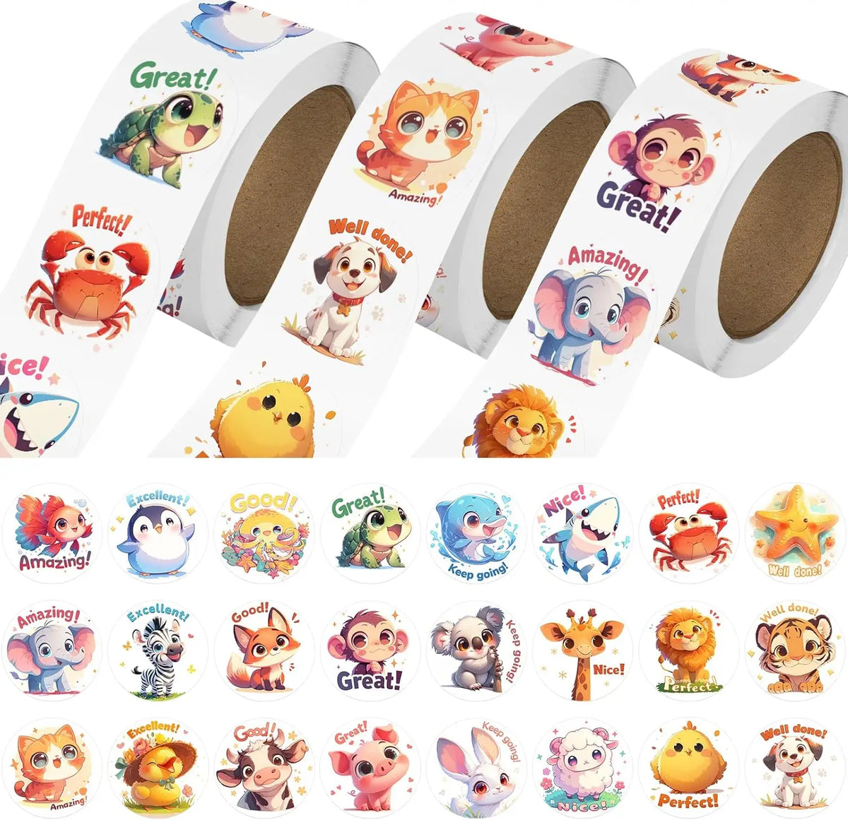 1500 Pcs Animal Stickers 3 Rolls 24 Designs – Craft & School Animal Sticker Set Richie's