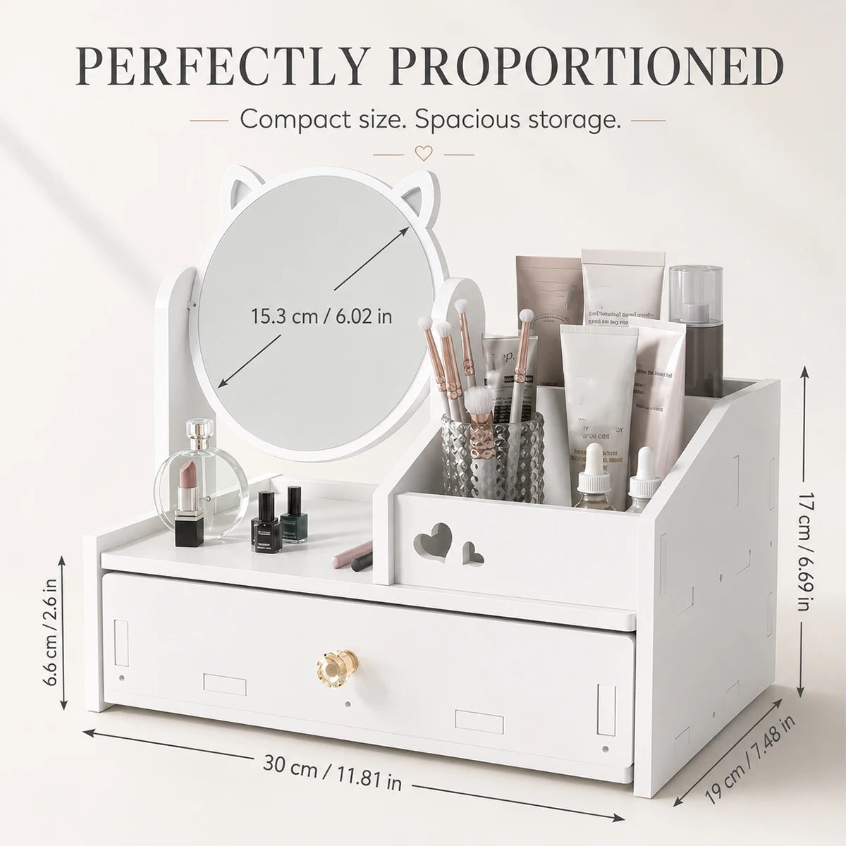 White Cat Makeup Organizer with Swivel Mirror & Drawer Makeup Storage Organizer Richie's