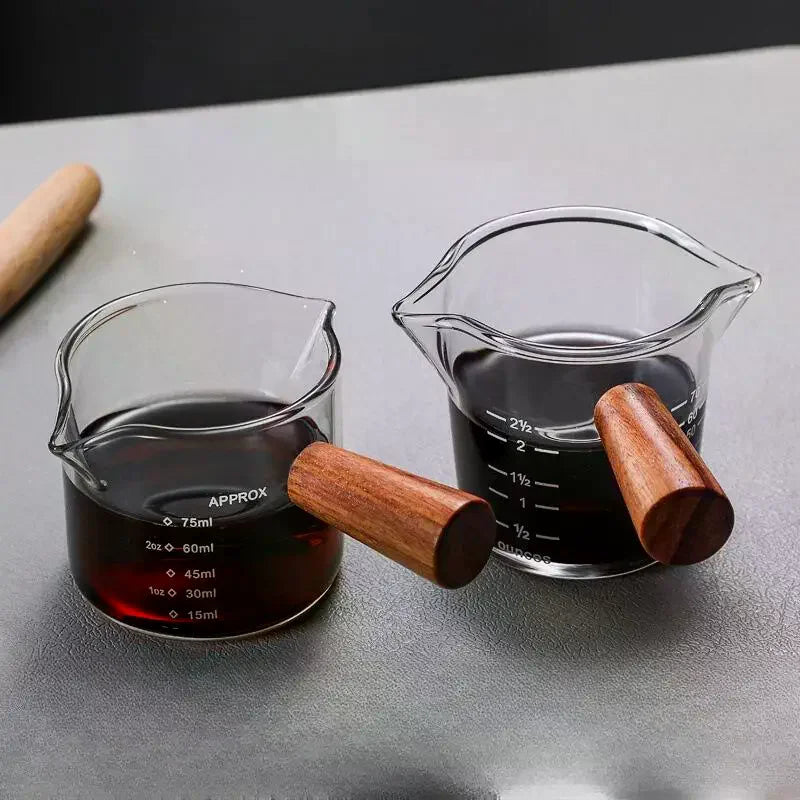 Glass Espresso Measuring Cup with Wood Handle – ML & OZ Espresso Measuring Cup Richie's