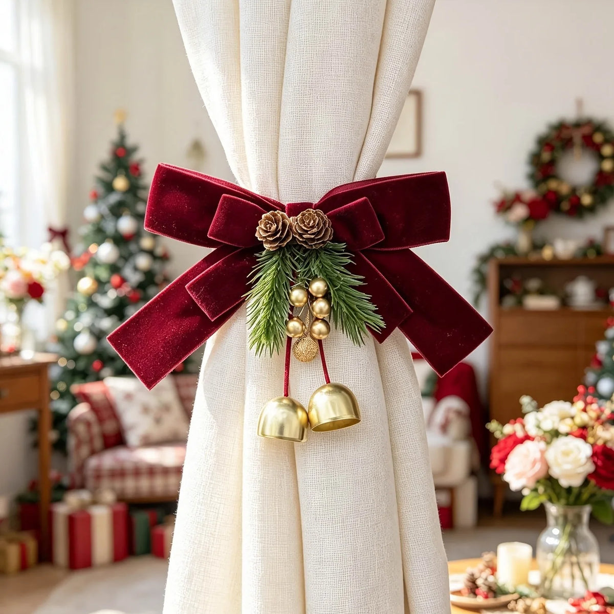 Christmas Curtain Tie-Backs Red Bow Pinecone Golden Bell Curtain Tie-Backs Richie's 1pc