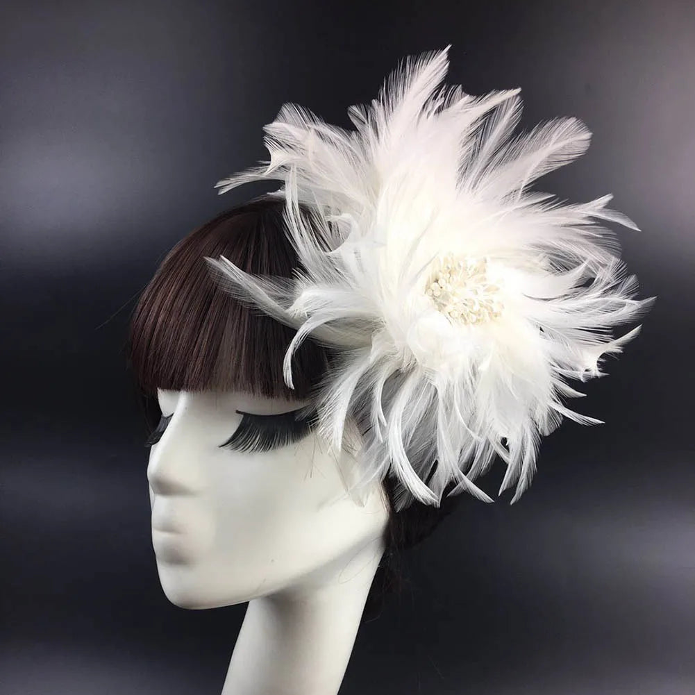Bridal Feather Headband with Flower – Women's Wedding Hair Clip Feather Hair Accessory Richie's white