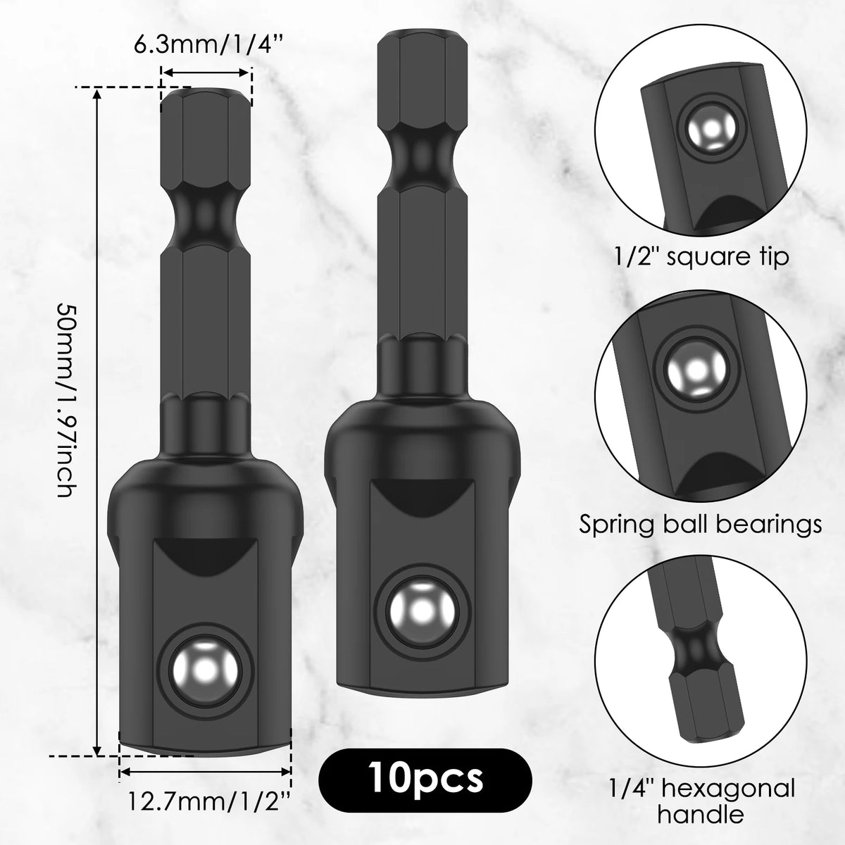 Impact Adapter 1/2" Hex to Square Socket Bit Driver Set 10/20Pcs Socket Bit Adapter Richie's A 10pcs 50mm