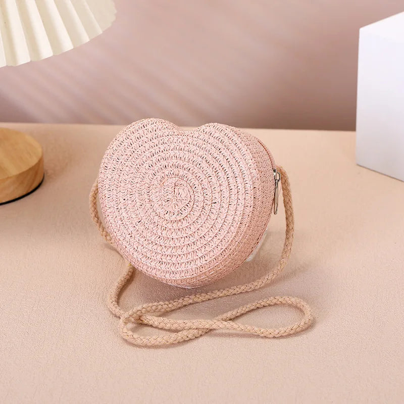 Woven Straw Crossbody Bag & Heart Coin Purse – Kids Beach Bag Woven Crossbody Bag Richie's light pink 11x11x6cm