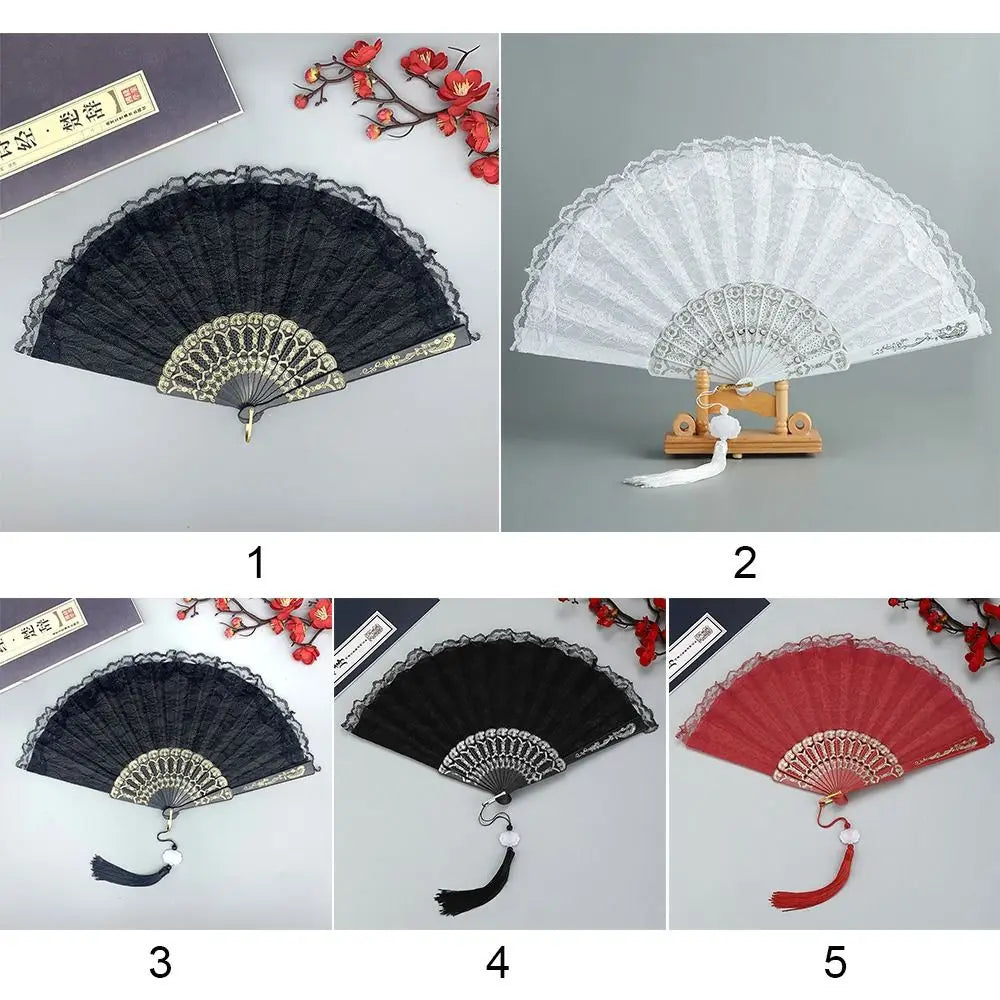 Lace Folding Hand Fan Tassel Floral Pattern – Gift & Photo Prop Decorative Folding Fan Richie's
