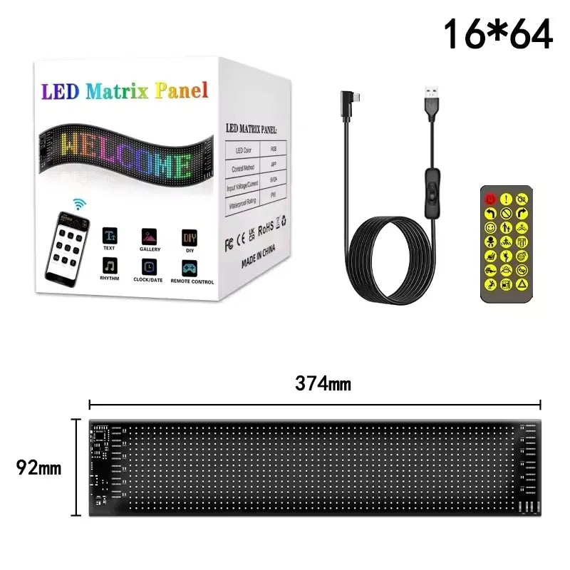 LED Matrix Panel APP Control DIY Animated Car Window Display LED Display Panel Richie's 16x64 LED 9x37CM