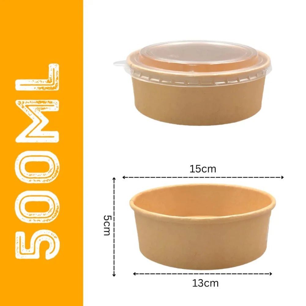 50-Pack Kraft Paper Salad Bowls 500/750ml with Lids – Leak-Proof Disposable Paper Bowl Richie's 500ml