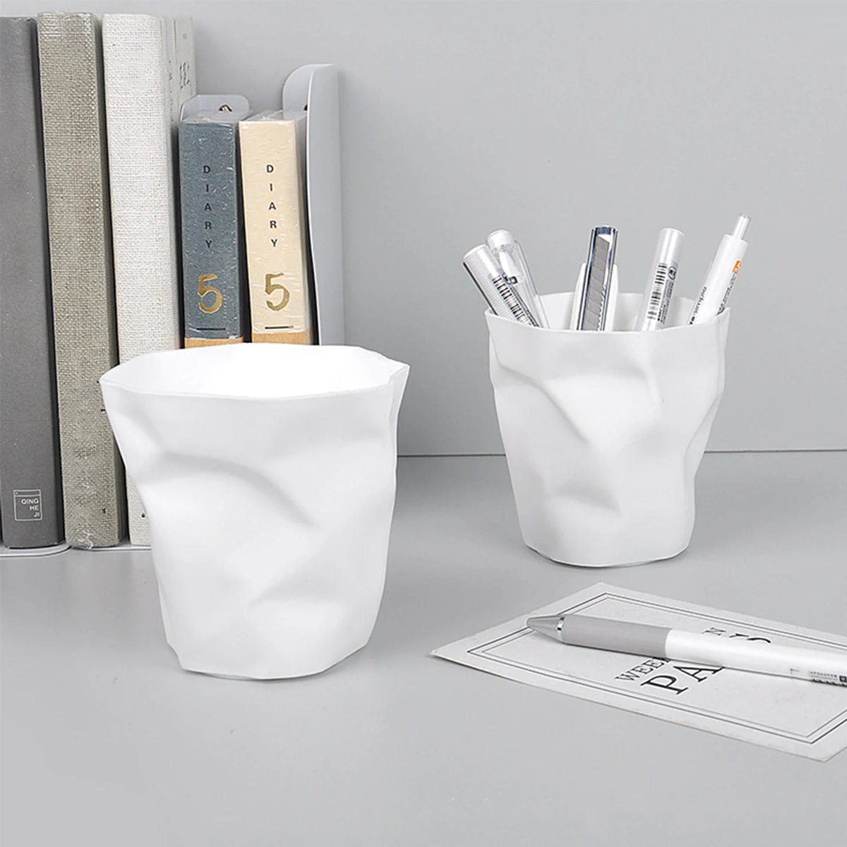 White Crinkle Paper Bag Pen Holder | Minimalist Desk Organizer Desktop Pen Holder Richie's