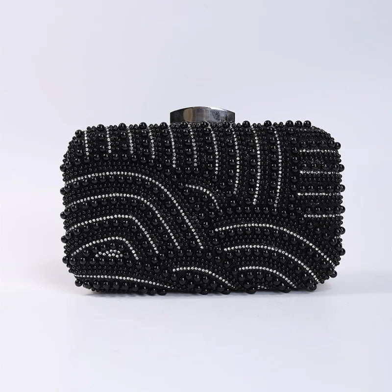 Ladies Pearl Beaded Evening Clutch Bag with Long Chain Evening Clutch Bag Richie's Black