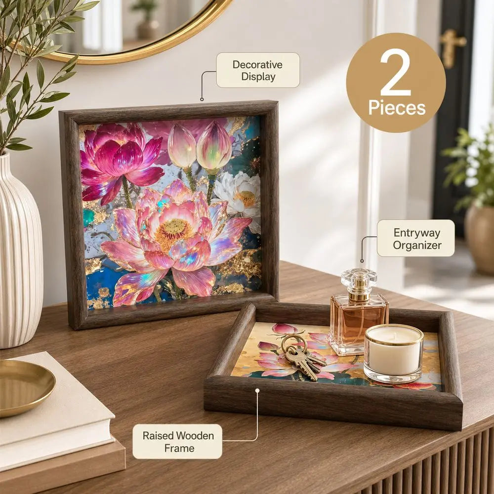 Wooden Lotus Floral Decorative Tray 20cm Square Set of 2 Decorative Wood Tray Richie's