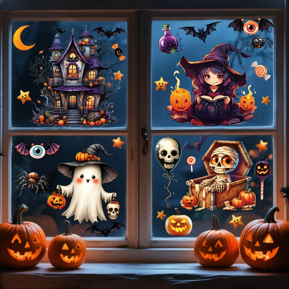 3D Halloween Window Clings – Castle, Bats, Witch & Pumpkin Decals Halloween Window Decals Richie's