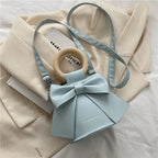 Bow Tie Mini PU Leather Crossbody Bag – Wooden Handle Tote Crossbody Shoulder Bag Richie's light blue