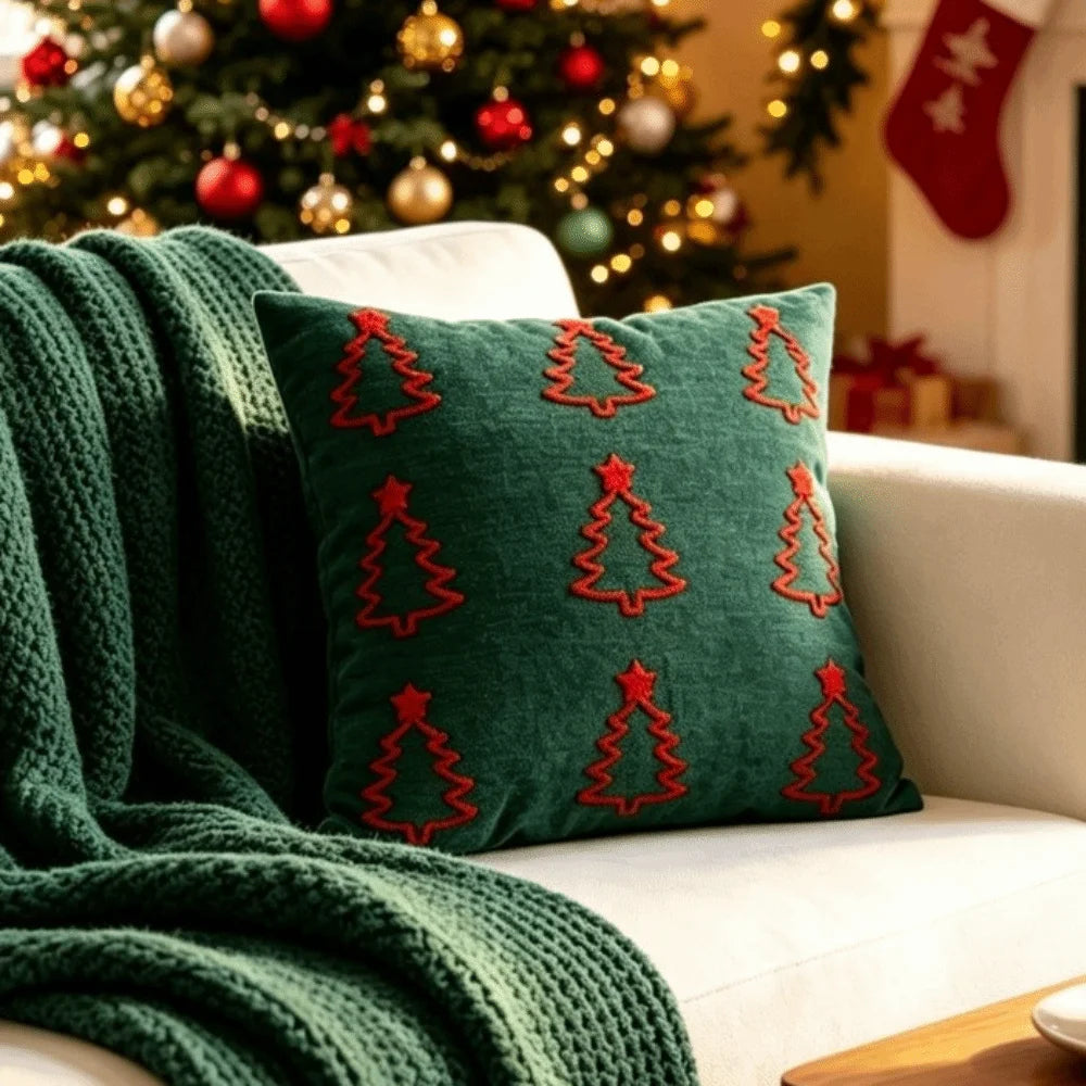 Chenille Christmas Tree Pillow Cover – Embroidered Holiday Cushion Throw Pillow Cover Richie's B