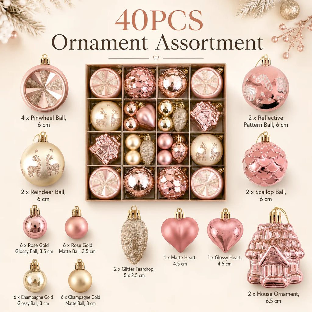 40-Piece Pink & Gold Shatterproof Christmas Ornaments Set Christmas Ornament Set Richie's Pink Other