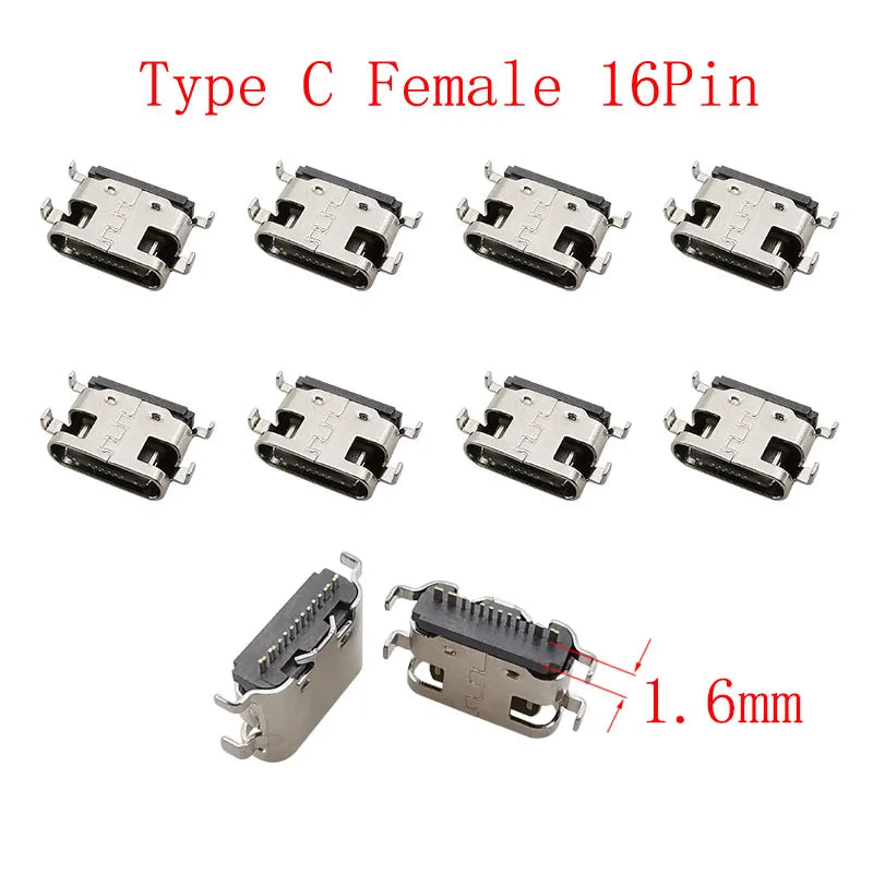 10Pcs USB Type-C 16 Pin Female Connector PCB Soldering DIY USB-C Connector Richie's D 1.6mm
