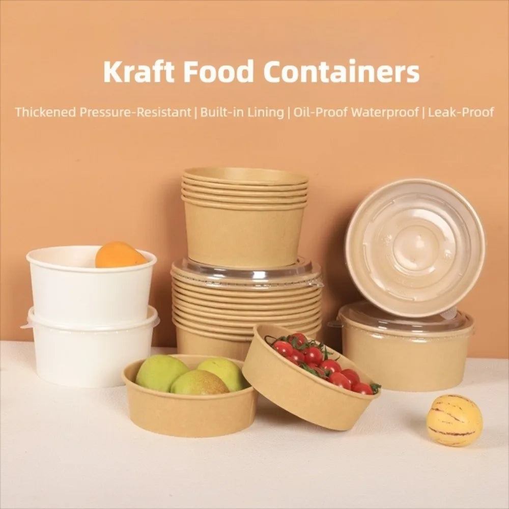 50pcs Kraft Paper Salad Bowls with Lids 500/750ml Disposable Disposable Food Bowls Richie's