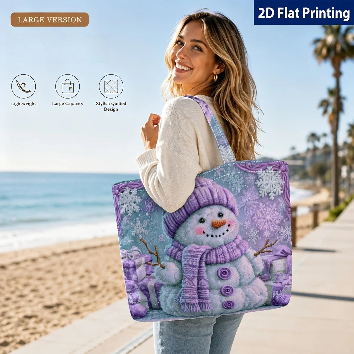 Snowman Quilted Tote Bag – Large Lightweight Women's Shoulder Bag Quilted Tote Bag Richie's