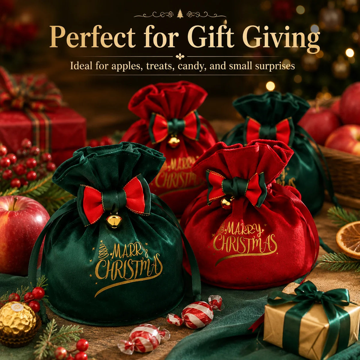 Velvet Christmas Gift Bag with Bow Bell & Drawstring Christmas Gift Bag Richie's