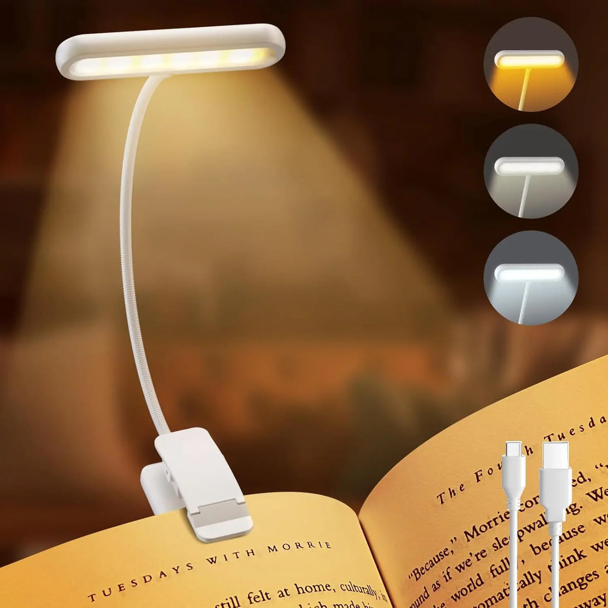 Pink USB Rechargeable Clip Book Light – 3-Color LED Reading Lamp Clip-On Book Light Richie's White