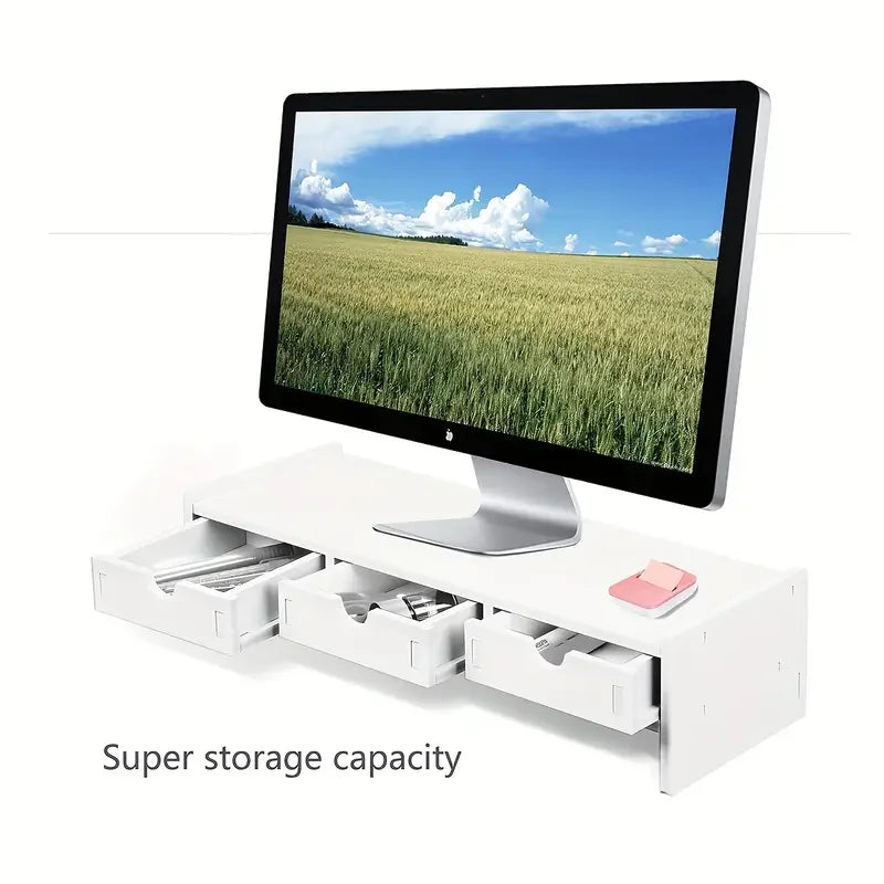 White Wooden Monitor Stand Riser with 3 Drawers | Desk Organizer Monitor Stand Riser Richie's