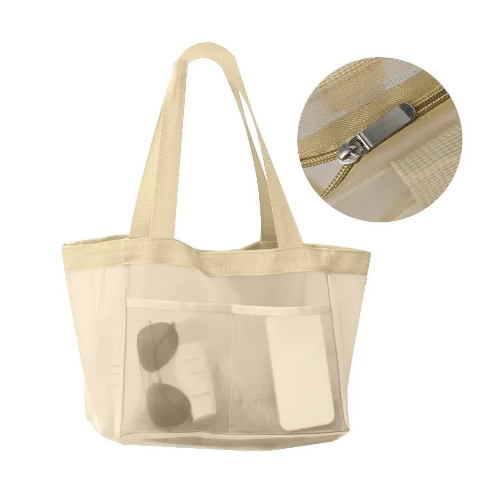 Large Mesh Shoulder Bag – Travel, Beach & Makeup Tote Mesh Shoulder Tote Richie's Zipper-Beige