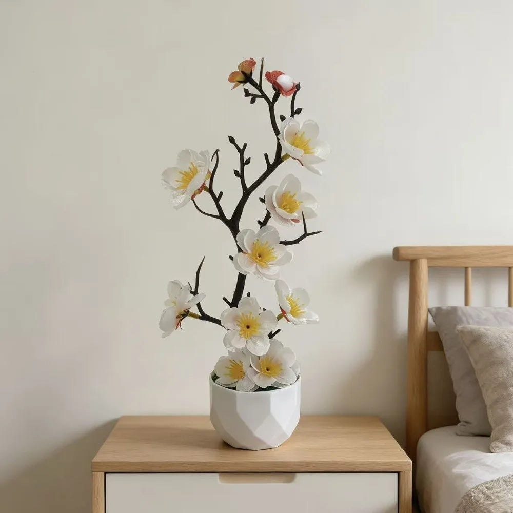 Red Artificial Plum Blossom Bonsai | Fake Flower Potted Plant Artificial Potted Plant Richie's White