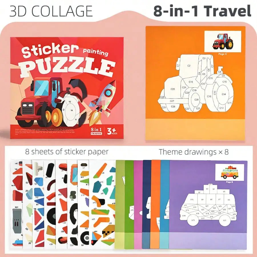 Children's 3D Pop-Up Sticker Book – Montessori Quiet Book Ages 3–6 Kids Activity Book Richie's BQ-1306-transport