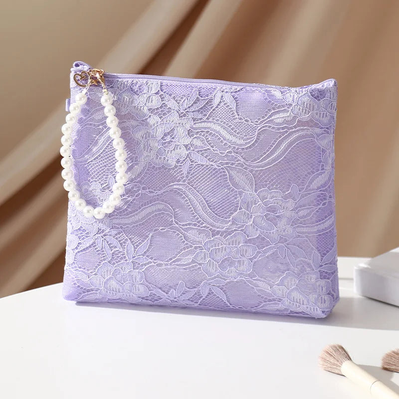 Lace Cosmetic Pouch with Pearl Chain – Women's Makeup Bag Cosmetic Makeup Bag Richie's L-23X21X4CM-purple