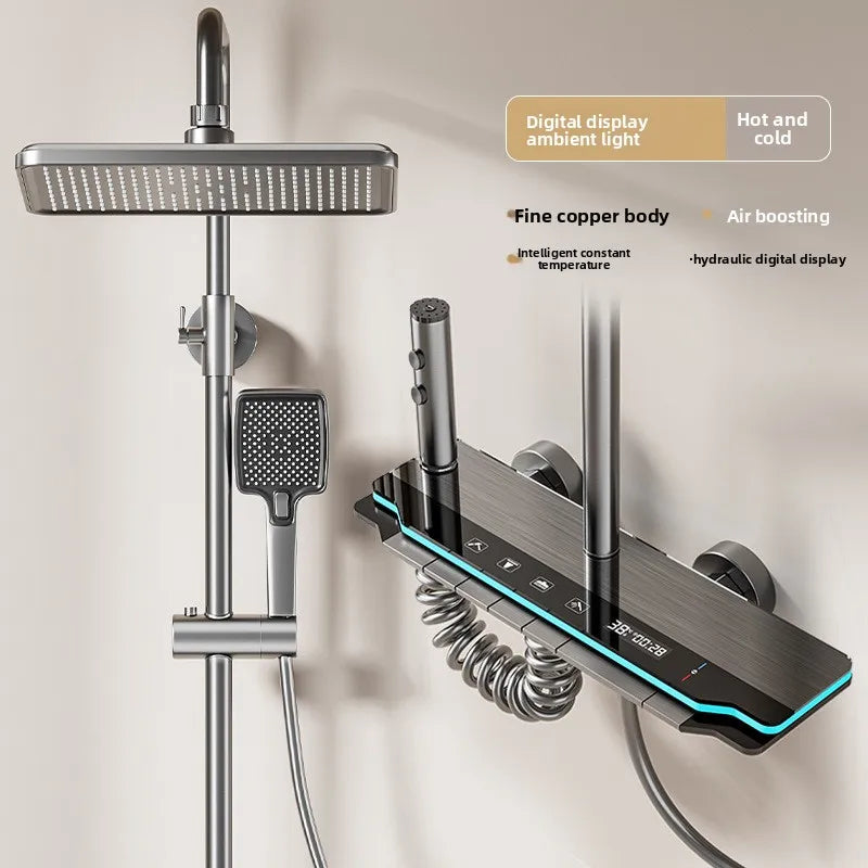 Brass Thermostatic Shower Set Digital Display Piano Button Gun Gray Thermostatic Shower Set Richie's grey