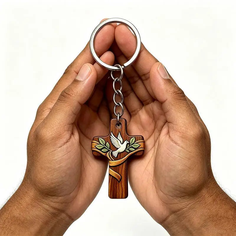 Wood Cross Keychain Dove Print – Baptism & Wedding Gift Set Religious Gift Keychain Richie's