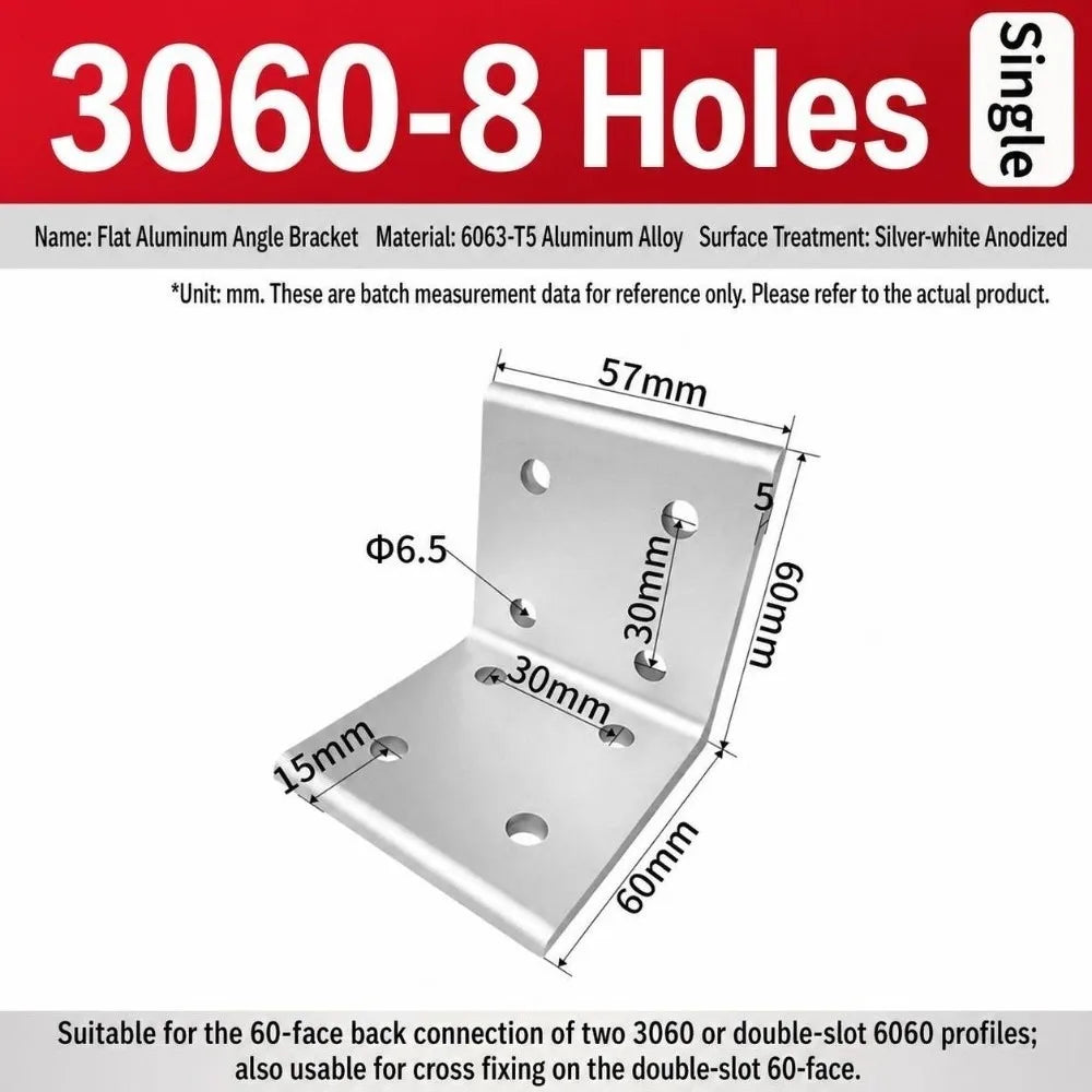 90° Aluminum Angle Bracket – Flat Corner Joint for Frames Corner Angle Bracket Richie's 3060-8Hole Silver
