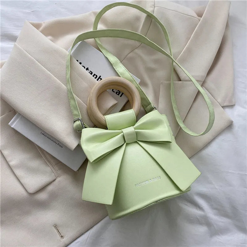 Bow Tie Mini PU Leather Crossbody Bag – Wooden Handle Tote Crossbody Shoulder Bag Richie's Light Green