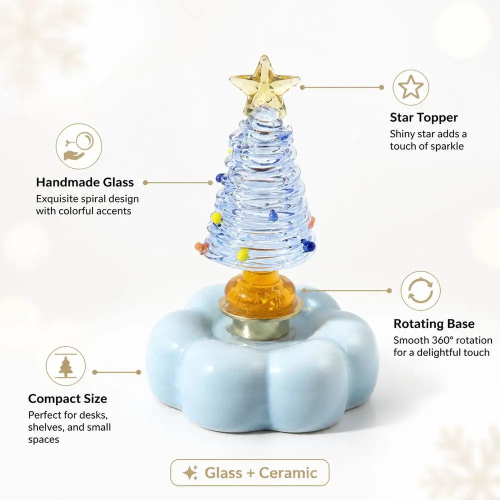 Glass Christmas Tree Figurine with Rotating Ceramic Base | Mini Christmas Figurine Richie's