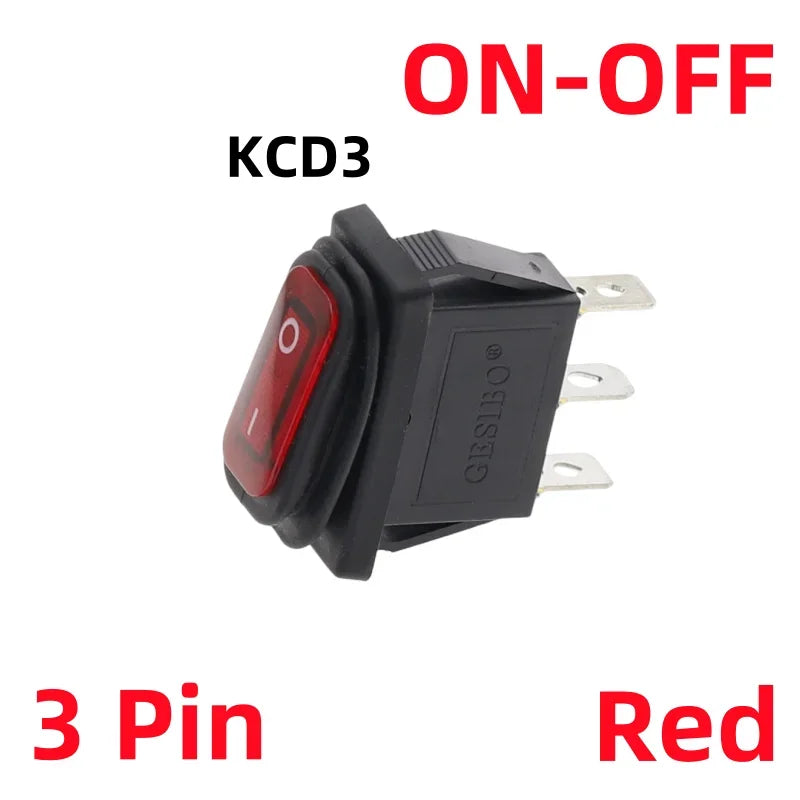 KCD3 Waterproof Rocker Switch 3-Pin ON-OFF 15A 250VAC LED Rocker Switch Richie's 2D3P-Red 220V (ON-OFF)
