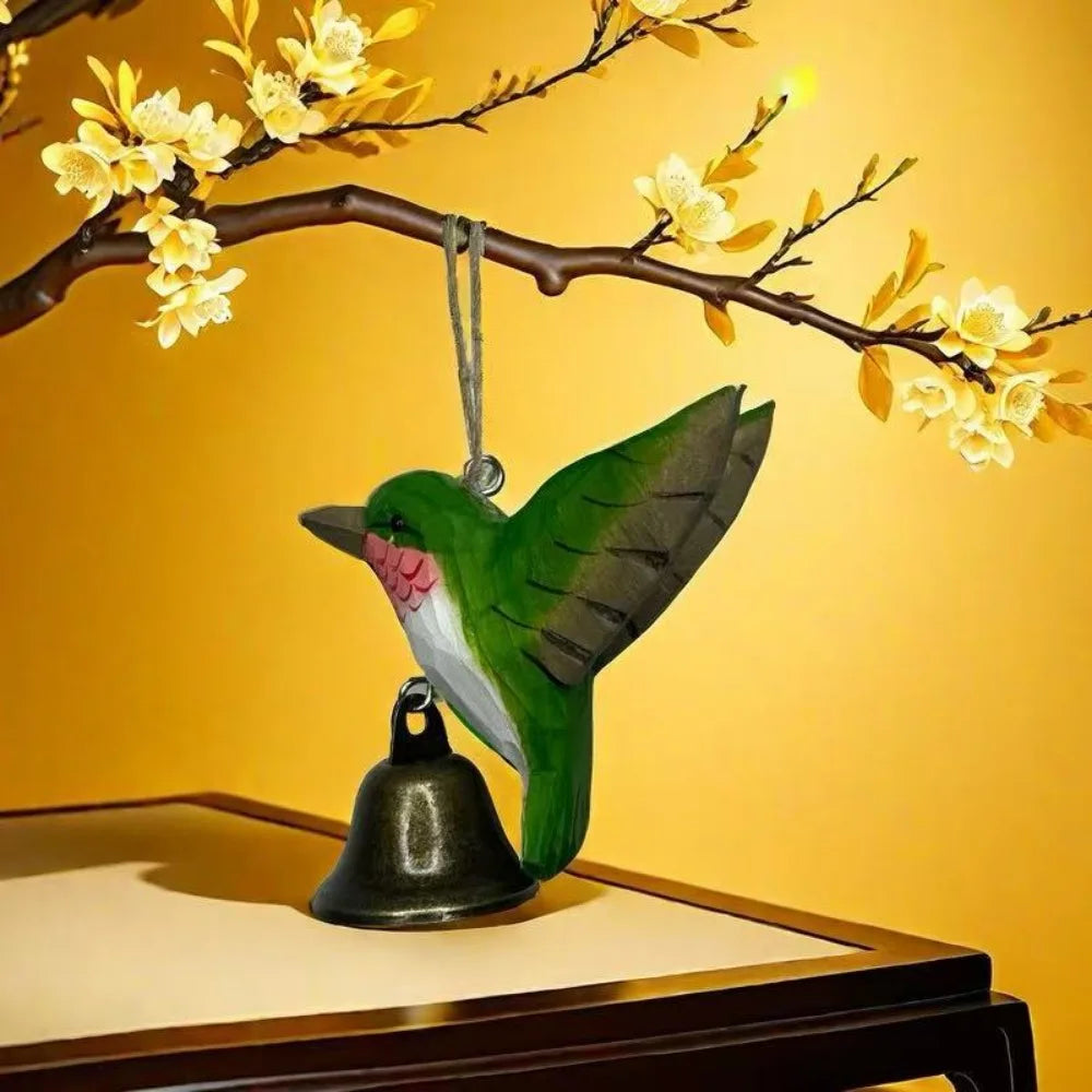 Hand-Carved Hummingbird Wood Figurine with Bell Wind Chime Wood Bird Figurine Richie's Green