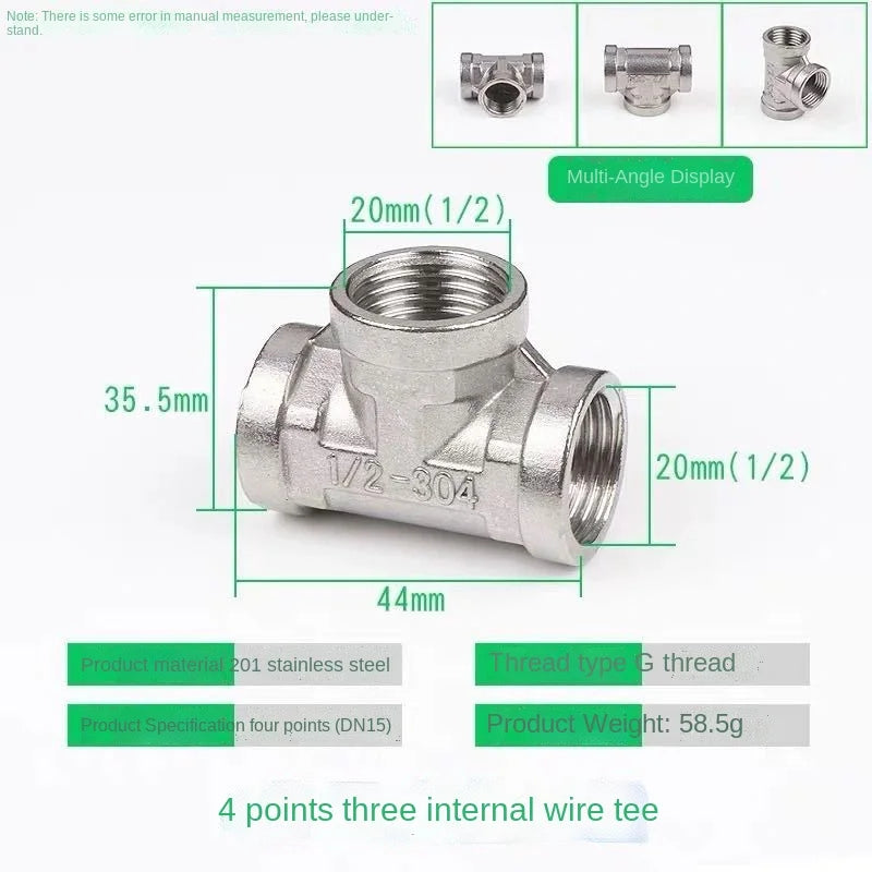 Stainless Steel Pipe Fittings Tee Elbow Reducer DN20 DN15 Pipe Fittings Richie's Female tee 58.5g 1/2"