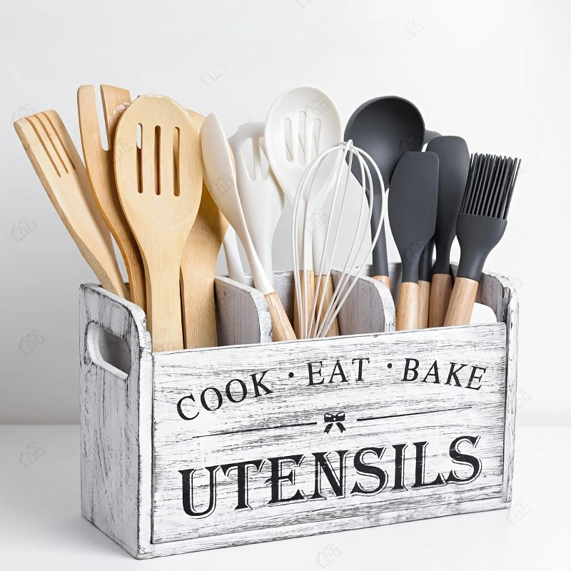Rustic Wooden Kitchen Utensil Holder – 3-Compartment Organizer Utensil Holder Richie's