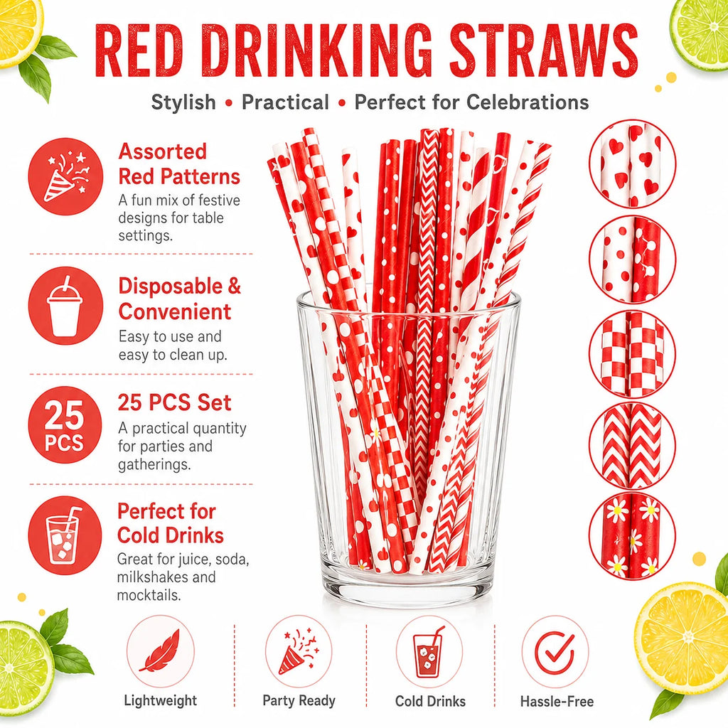 25pcs Red Patterned Biodegradable Paper Straws for Parties Disposable Paper Straws Richie's
