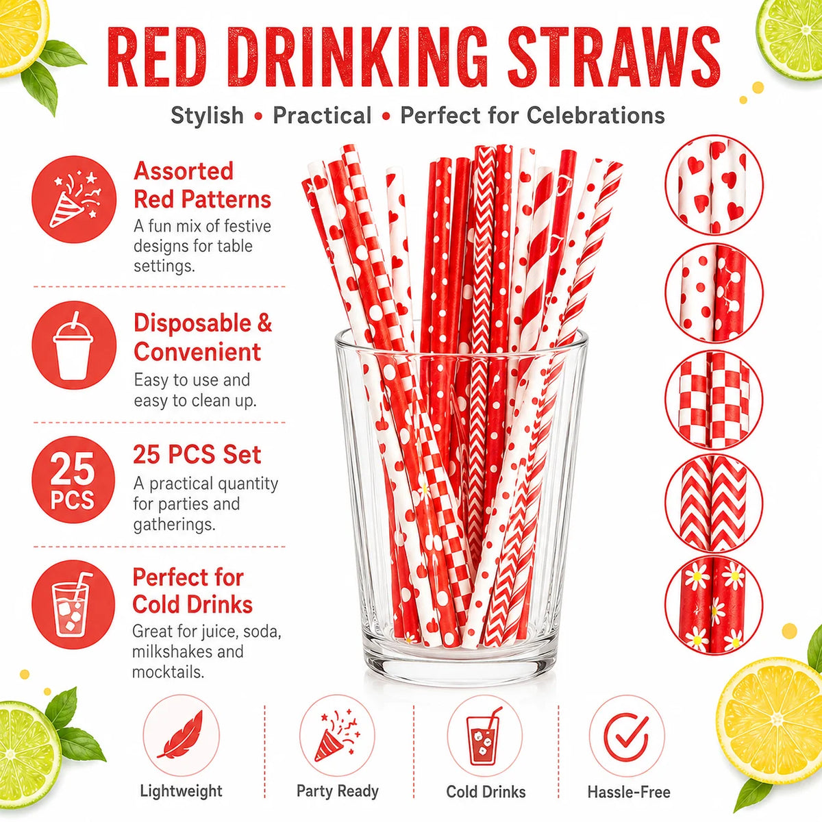 25pcs Red Patterned Biodegradable Paper Straws for Parties Disposable Paper Straws Richie's