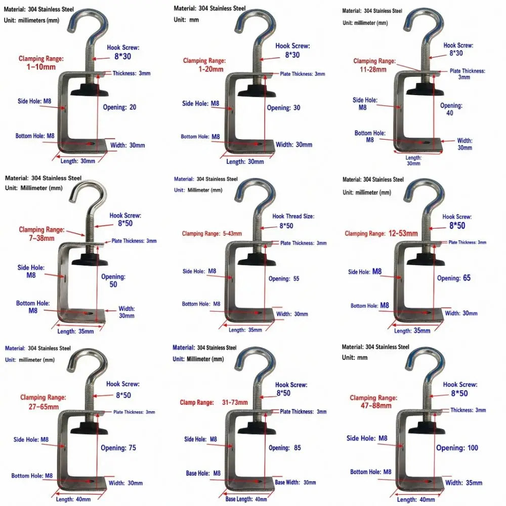 304 Stainless Steel C-Clamp Hook Adjustable 20–100mm | Hardware C-Clamp Hardware Richie's