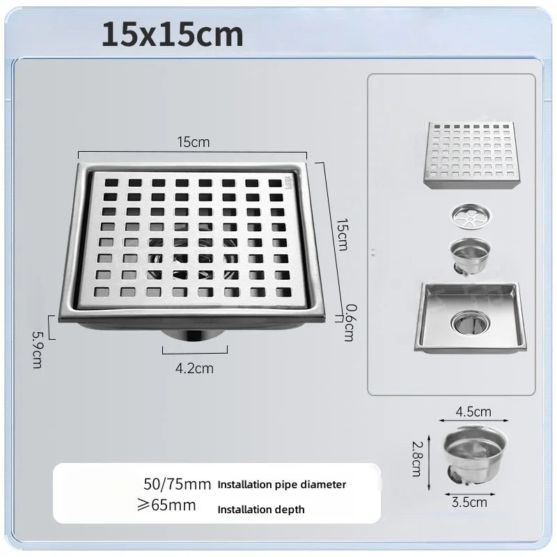 Stainless Steel Tile Insert Floor Drain 150mm – Anti-Odor Floor Drain Richie's silver 15x15cm