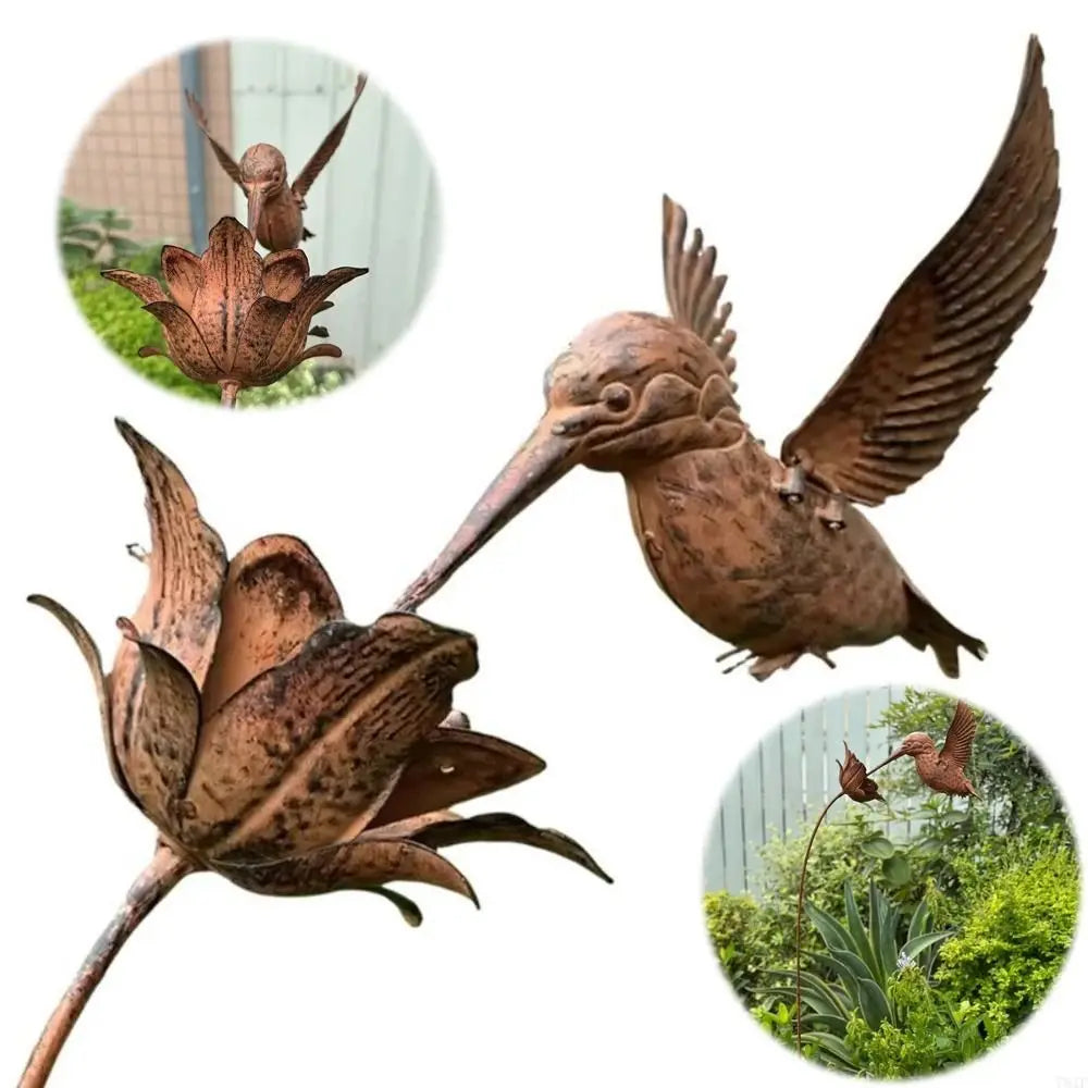 Rusty Metal Hummingbird Garden Stake – 3D Iron Sculpture Garden Stake Sculpture Richie's