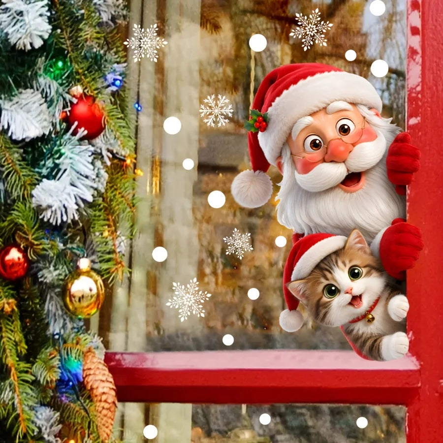 Peeping Santa & Kitten Static Cling Window Sticker | Reusable Xmas Christmas Window Sticker Richie's