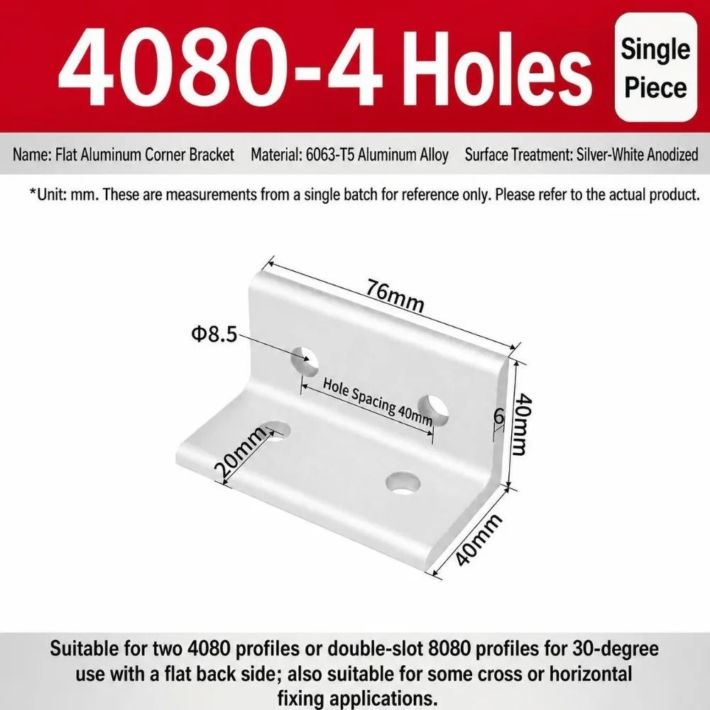 90° Aluminum Angle Bracket Flat Right Angle Frame Joint Connector Aluminum Angle Bracket Richie's 4080-4Hole Silver