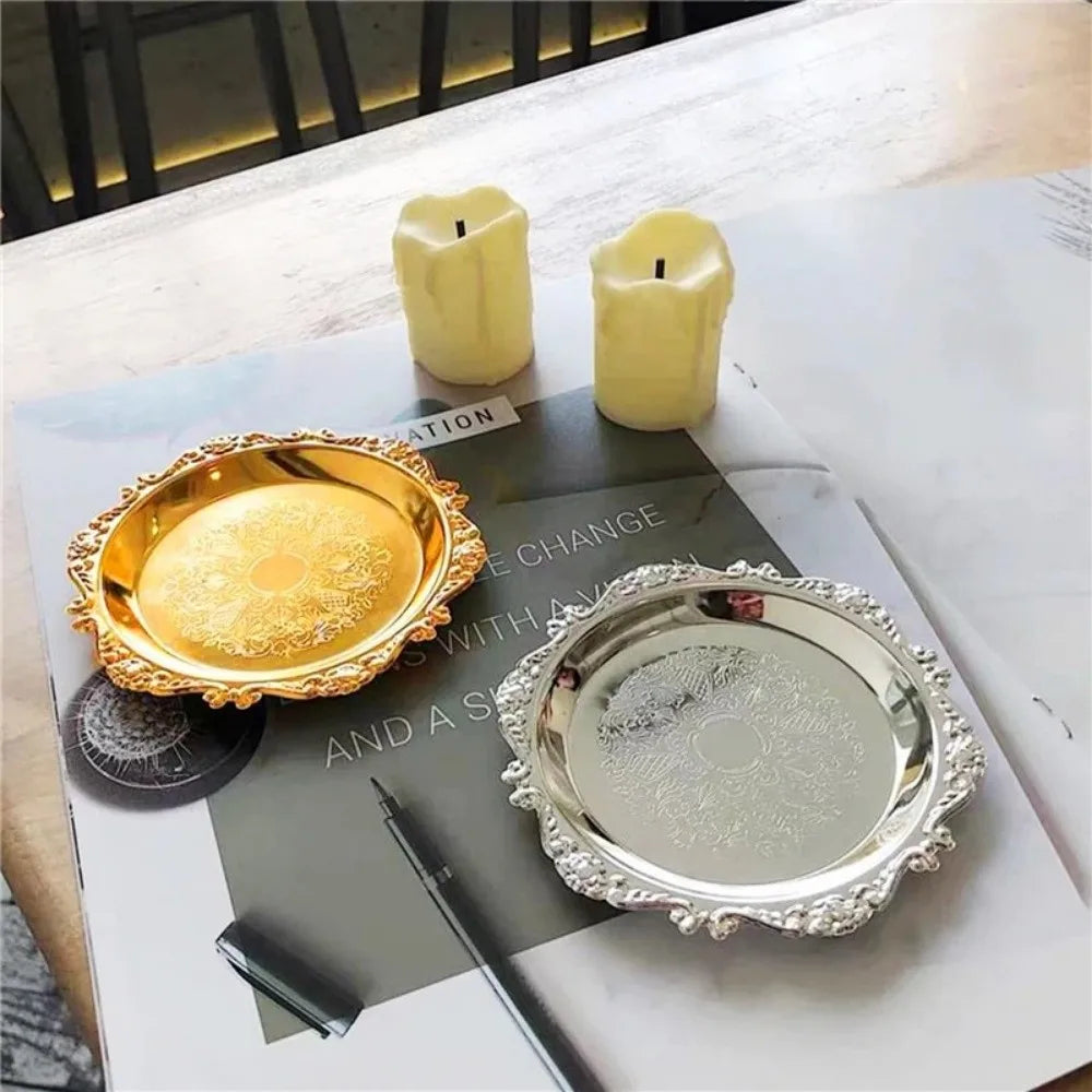 Luxury Gold & Silver Round Iron Serving Tray – Cake & Fruit Plate Decorative Serving Tray Richie's