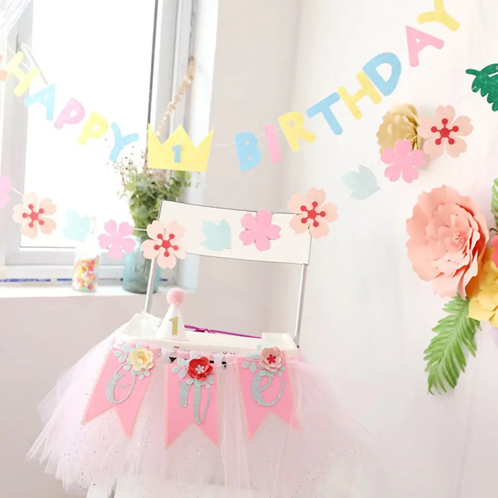 Baby Girl 1st Birthday High Chair Banner – Floral Rustic Decor Party Banner Decoration Richie's