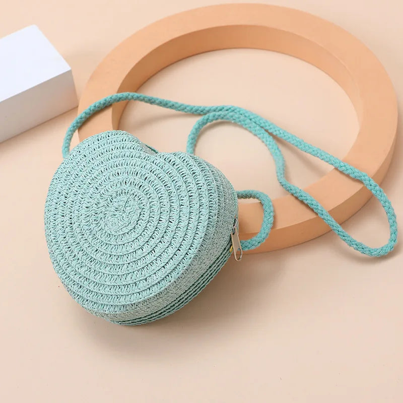 Woven Straw Crossbody Bag & Heart Coin Purse – Kids Beach Bag Woven Crossbody Bag Richie's blue 11x11x6cm